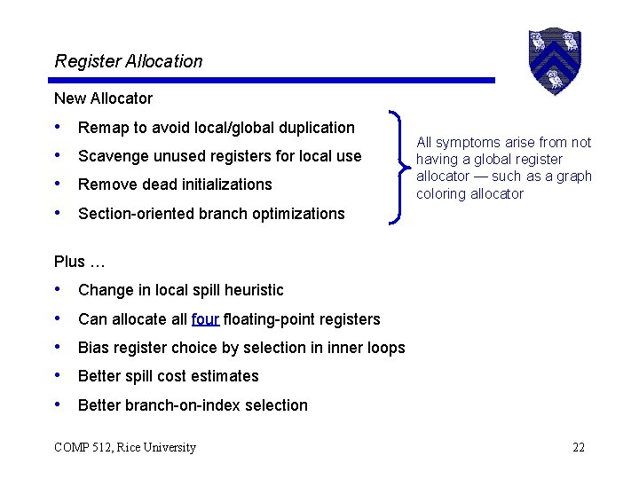 Register Allocation New Allocator • • Remap to avoid local/global duplication Scavenge unused registers
