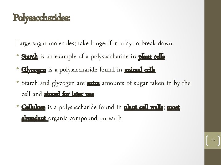 Polysaccharides: Large sugar molecules; take longer for body to break down • Starch is