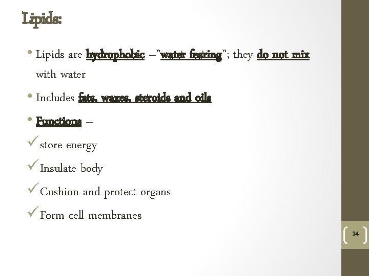 Lipids: • Lipids are hydrophobic –”water fearing”; they do not mix with water •