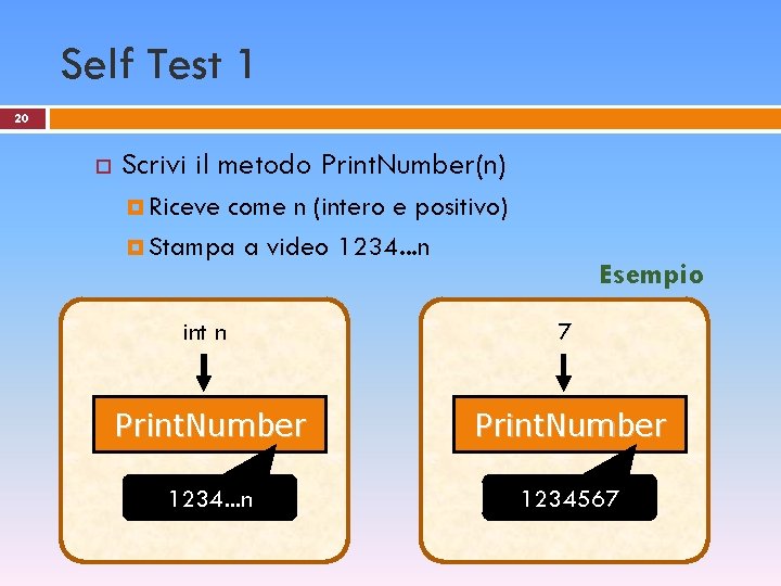 Self Test 1 20 Scrivi il metodo Print. Number(n) Riceve come n (intero e