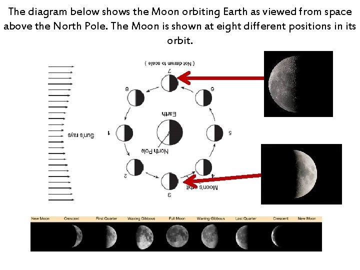 The diagram below shows the Moon orbiting Earth as viewed from space above the