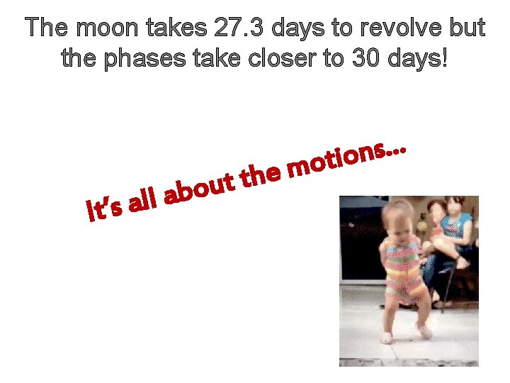 The moon takes 27. 3 days to revolve but the phases take closer to