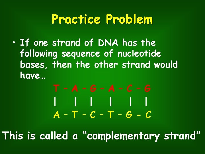 Practice Problem • If one strand of DNA has the following sequence of nucleotide