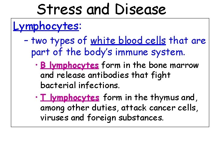 Stress and Disease Lymphocytes: – two types of white blood cells that are part Stress and Disease Lymphocytes: – two types of white blood cells that are part