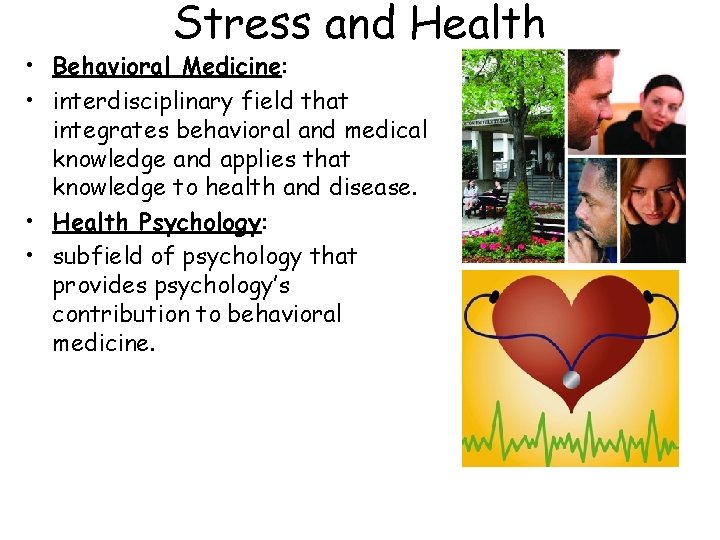 Stress and Health • Behavioral Medicine: • interdisciplinary field that integrates behavioral and medical