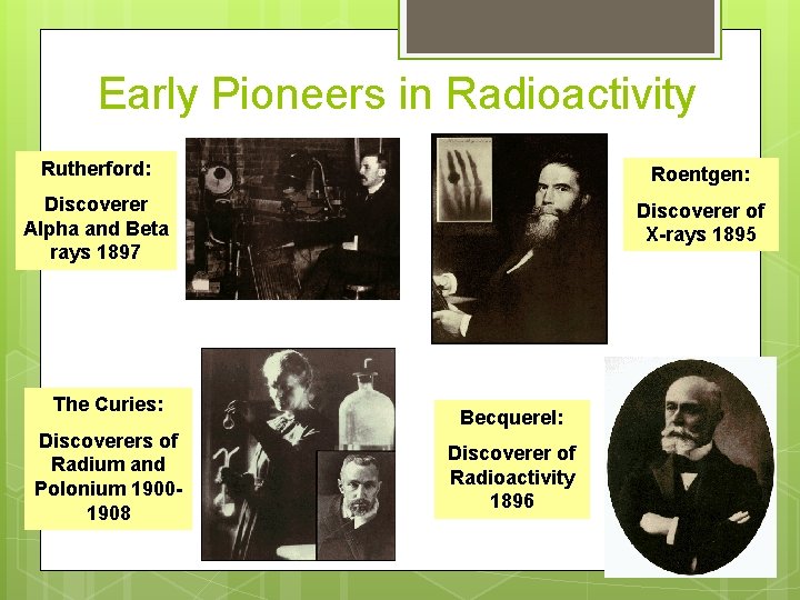 Early Pioneers in Radioactivity Rutherford: Roentgen: Discoverer Alpha and Beta rays 1897 Discoverer of