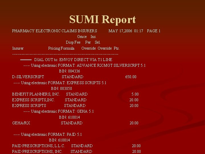 SUMI Report PHARMACY ELECTRONIC CLAIMS INSURERS MAY 17, 2006 01: 17 PAGE 1 Grace