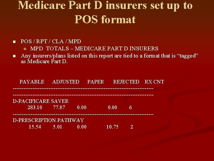 Medicare Part D insurers set up to POS format n n POS / RPT