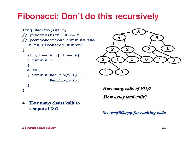 Fibonacci: Don’t do this recursively long Rec. Fib(int n) // precondition: 0 <= n Fibonacci: Don’t do this recursively long Rec. Fib(int n) // precondition: 0 <= n