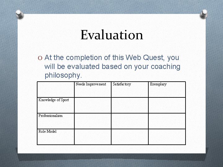 Evaluation O At the completion of this Web Quest, you will be evaluated based