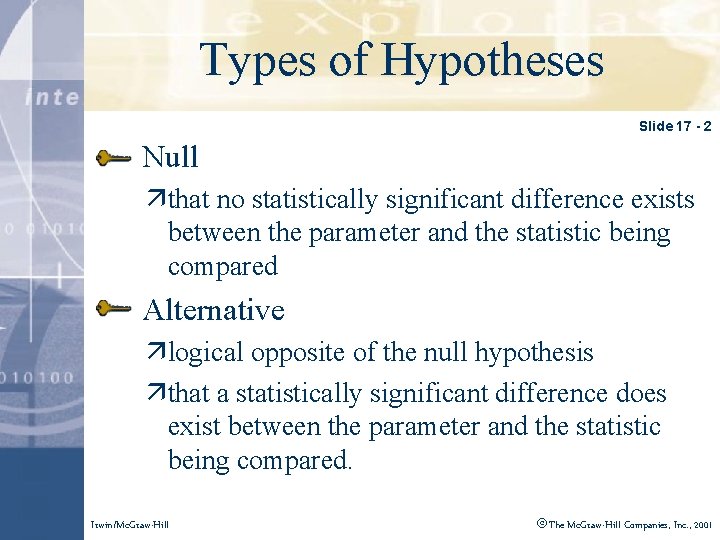 Click. Types to edit of Master title style Hypotheses Slide 17 - 2 Null