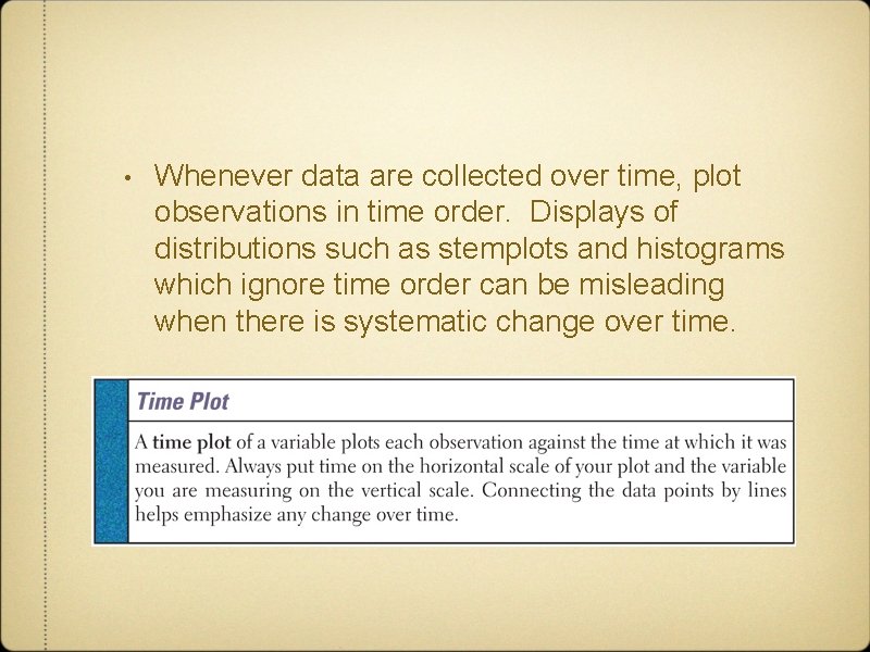  • Whenever data are collected over time, plot observations in time order. Displays