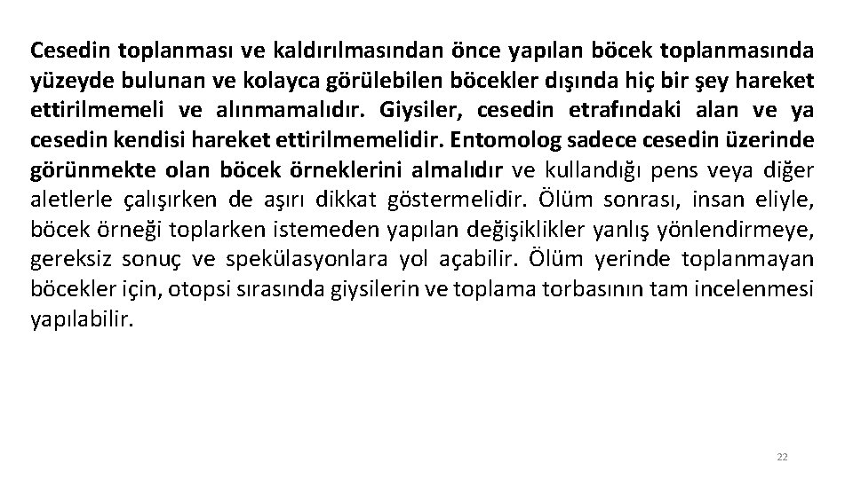 Cesedin toplanması ve kaldırılmasından önce yapılan böcek toplanmasında yüzeyde bulunan ve kolayca görülebilen böcekler