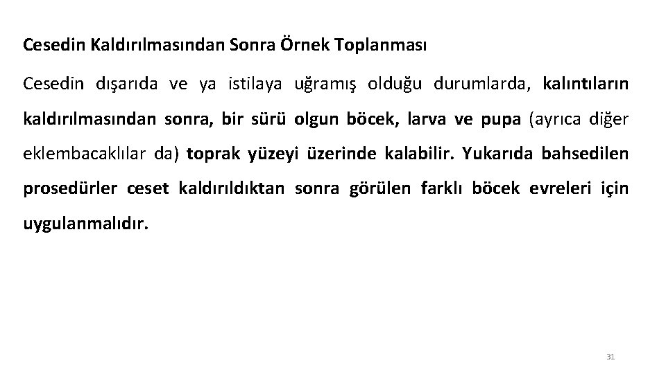 Cesedin Kaldırılmasından Sonra Örnek Toplanması Cesedin dışarıda ve ya istilaya uğramış olduğu durumlarda, kalıntıların