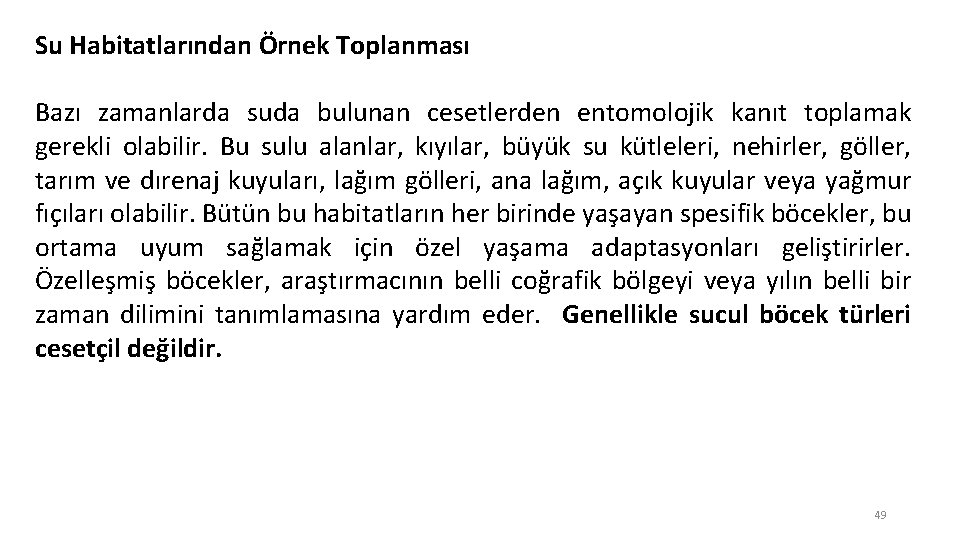 Su Habitatlarından Örnek Toplanması Bazı zamanlarda suda bulunan cesetlerden entomolojik kanıt toplamak gerekli olabilir.