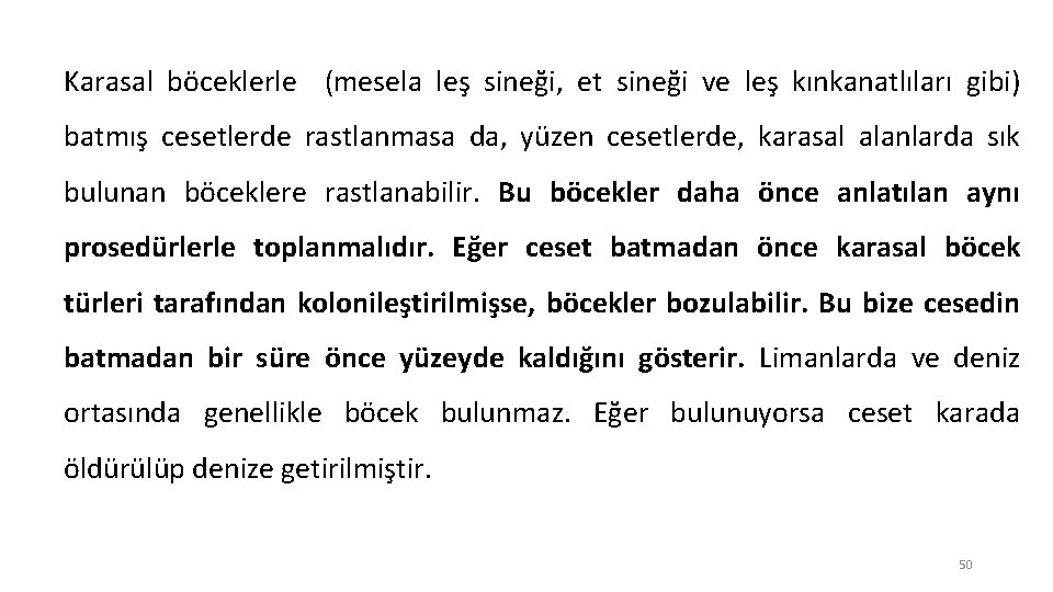 Karasal böceklerle (mesela leş sineği, et sineği ve leş kınkanatlıları gibi) batmış cesetlerde rastlanmasa