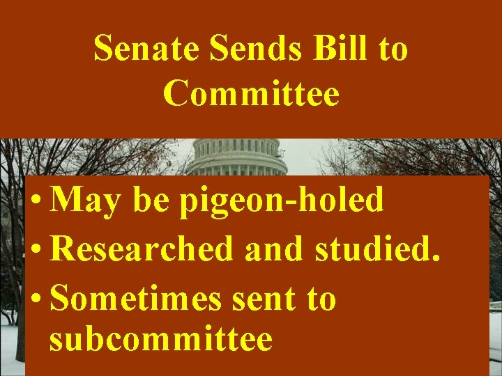 Senate Sends Bill to Committee • May be pigeon-holed • Researched and studied. •