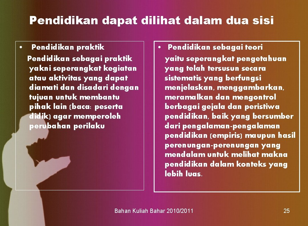 Pendidikan dapat dilihat dalam dua sisi • Pendidikan praktik Pendidikan sebagai praktik yakni seperangkat