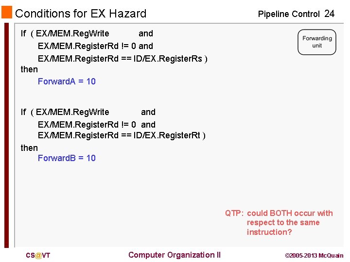 Conditions for EX Hazard Pipeline Control 24 If ( EX/MEM. Reg. Write and EX/MEM.