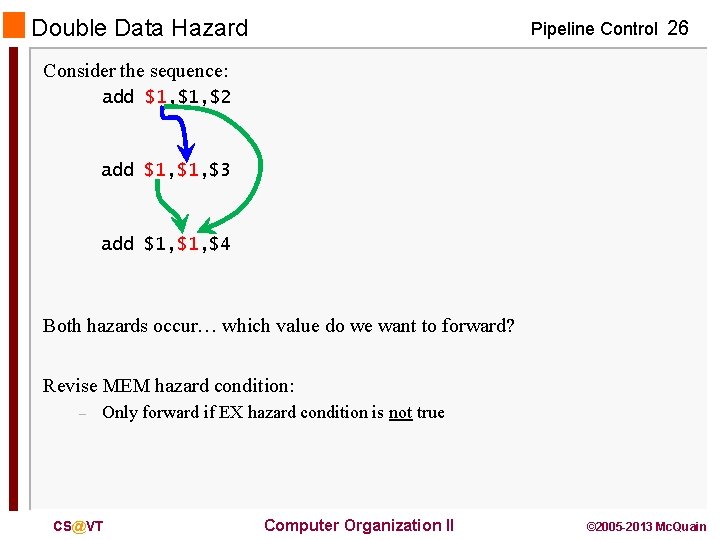 Double Data Hazard Pipeline Control 26 Consider the sequence: add $1, $2 add $1,
