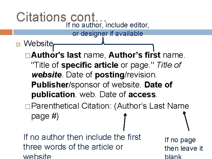 Citations. If cont… no author, include editor, or designer if available Website � Author's