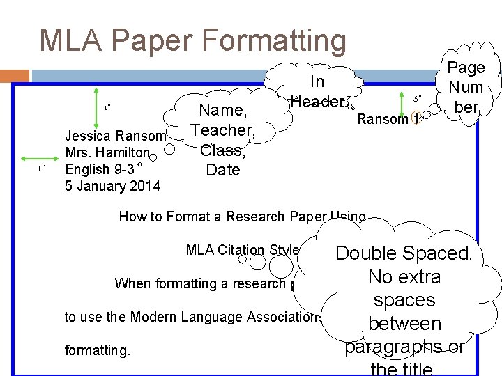 MLA Paper Formatting 1” 1” Jessica Ransom Mrs. Hamilton English 9 -3 5 January