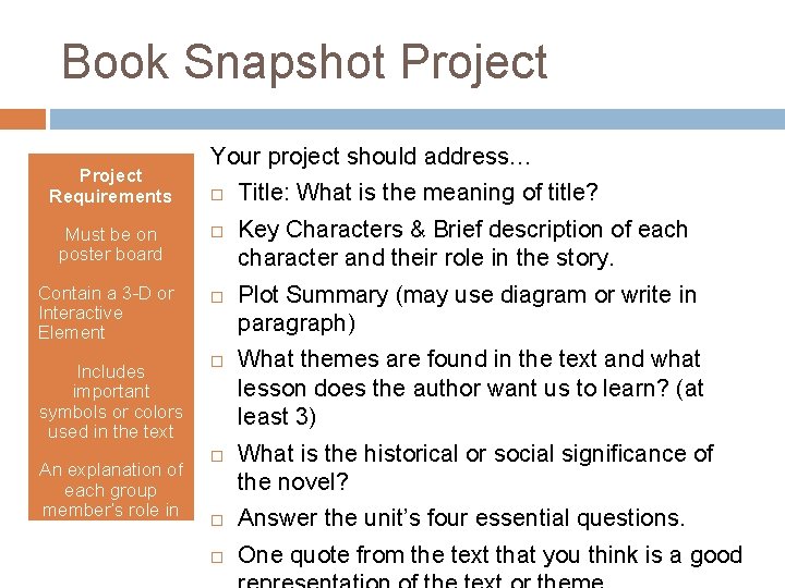 Book Snapshot Project Requirements Must be on poster board Your project should address… Contain