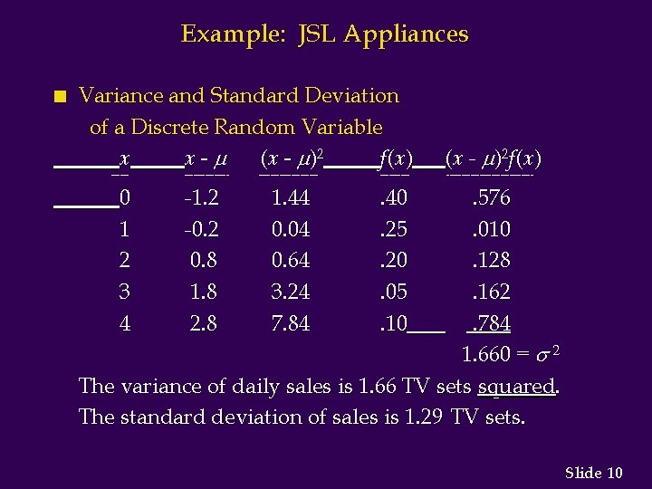Example: JSL Appliances n Variance and Standard Deviation of a Discrete Random Variable x