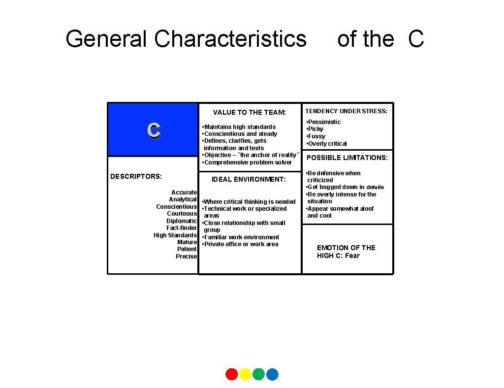 General Characteristics VALUE TO THE TEAM: C DESCRIPTORS: Accurate Analytical Conscientious Courteous Diplomatic Fact-finder