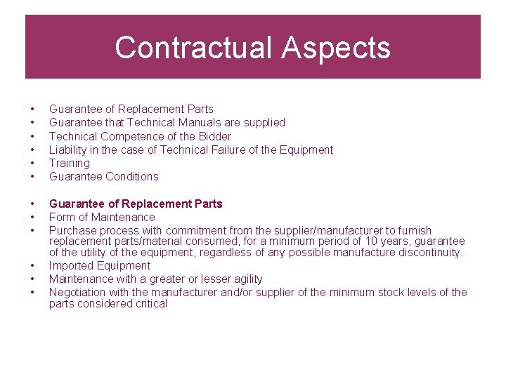 Contractual Aspects • • • Guarantee of Replacement Parts Guarantee that Technical Manuals are