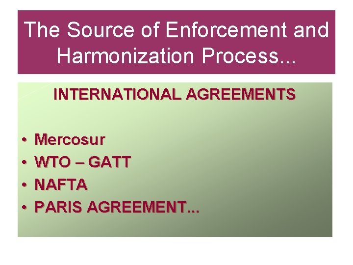 The Source of Enforcement and Harmonization Process. . . INTERNATIONAL AGREEMENTS • • Mercosur