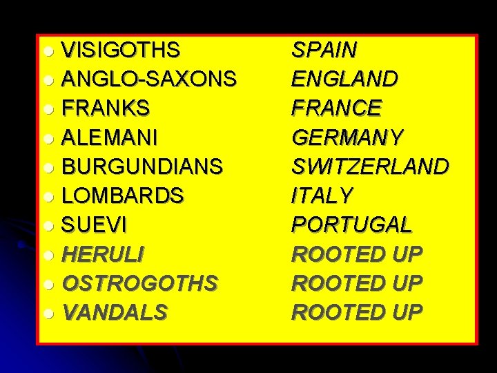 VISIGOTHS l ANGLO-SAXONS l FRANKS l ALEMANI l BURGUNDIANS l LOMBARDS l SUEVI l
