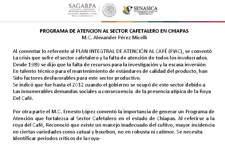 PROGRAMA DE ATENCION AL SECTOR CAFETALERO EN CHIAPAS M. C. Alexander Pérez Micelli Al