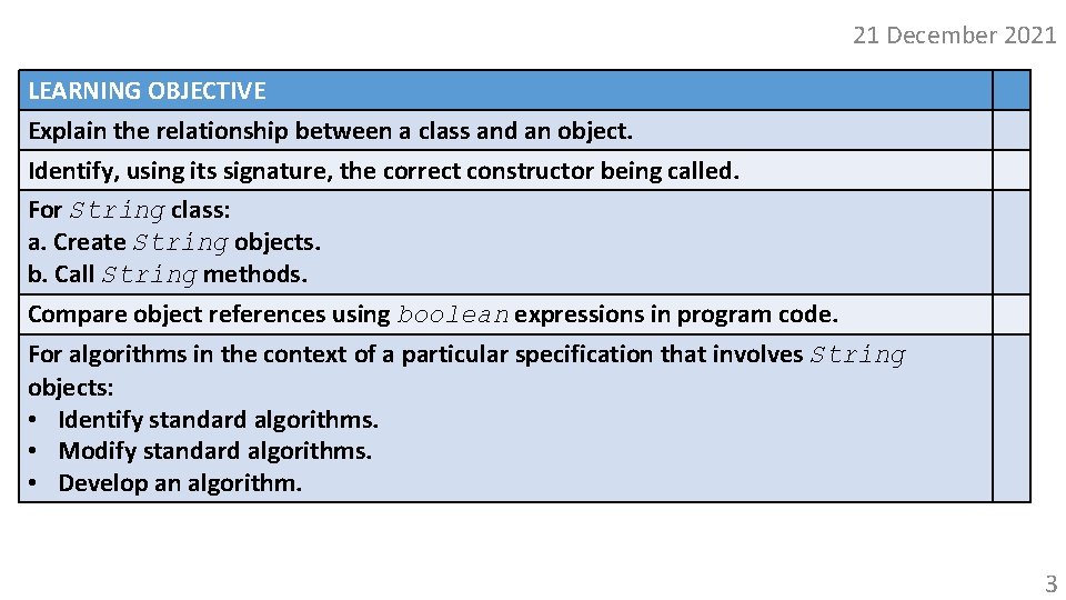 21 December 2021 LEARNING OBJECTIVE Explain the relationship between a class and an object.