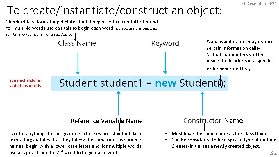 To create/instantiate/construct an object: 21 December 2021 Standard Java formatting dictates that it begins
