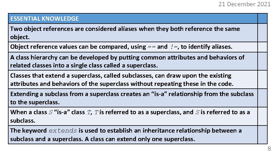 21 December 2021 ESSENTIAL KNOWLEDGE Two object references are considered aliases when they both