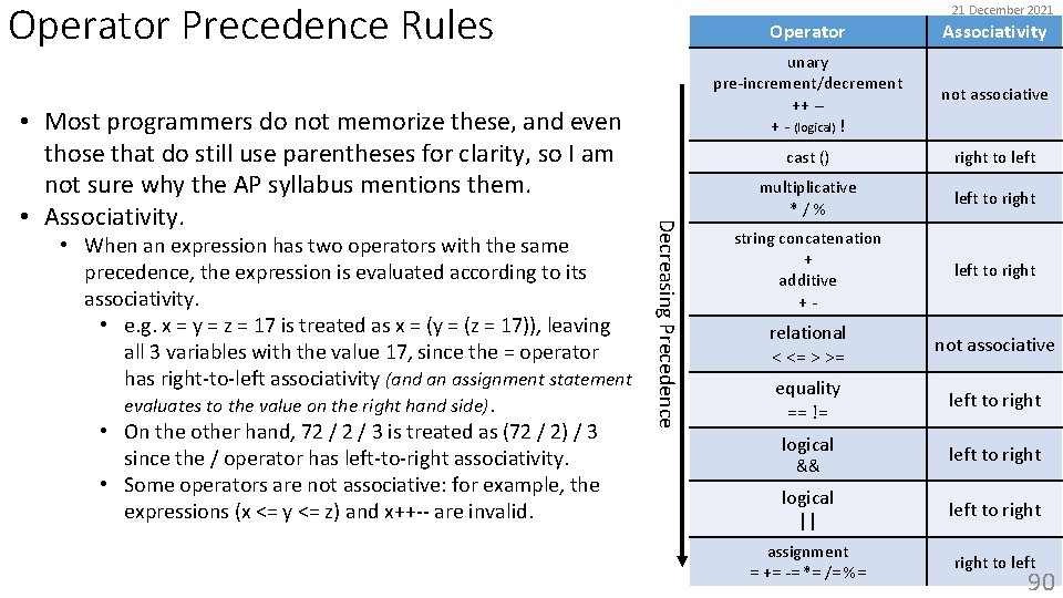 Operator Precedence Rules • When an expression has two operators with the same precedence,