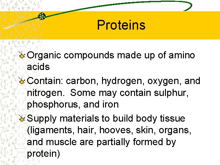 Proteins Organic compounds made up of amino acids Contain: carbon, hydrogen, oxygen, and nitrogen.