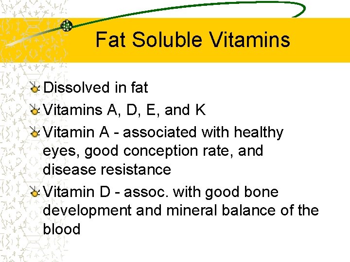 Fat Soluble Vitamins Dissolved in fat Vitamins A, D, E, and K Vitamin A