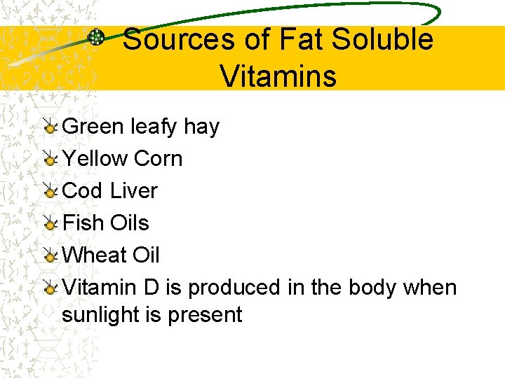 Sources of Fat Soluble Vitamins Green leafy hay Yellow Corn Cod Liver Fish Oils