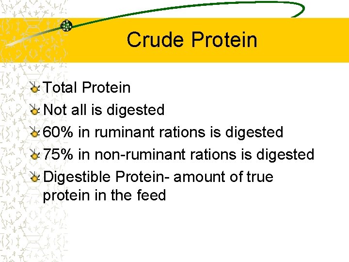 Crude Protein Total Protein Not all is digested 60% in ruminant rations is digested
