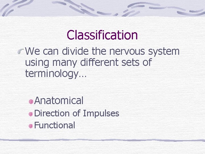 Classification We can divide the nervous system using many different sets of terminology… Anatomical Classification We can divide the nervous system using many different sets of terminology… Anatomical