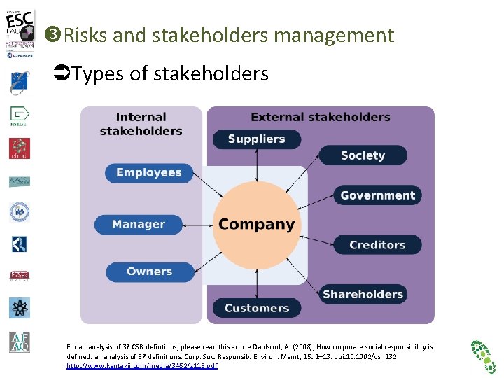  Risks and stakeholders management Types of stakeholders For an analysis of 37 CSR
