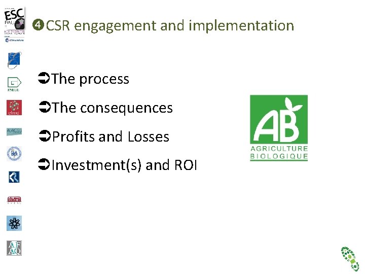  CSR engagement and implementation The process The consequences Profits and Losses Investment(s) and