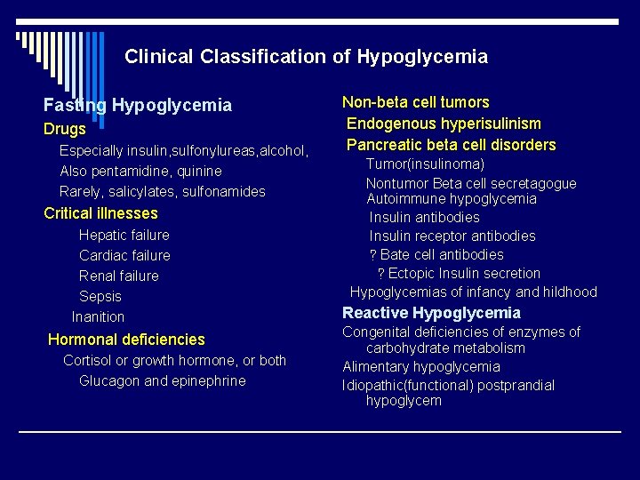 Clinical Classification of Hypoglycemia Fasting Hypoglycemia Drugs Especially insulin, sulfonylureas, alcohol, Also pentamidine, quinine