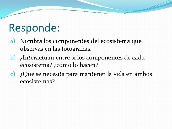 Responde: a) Nombra los componentes del ecosistema que observas en las fotografías. b) ¿Interactúan