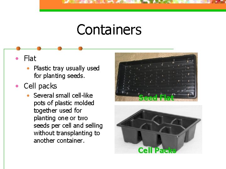 Containers • Flat • Plastic tray usually used for planting seeds. • Cell packs