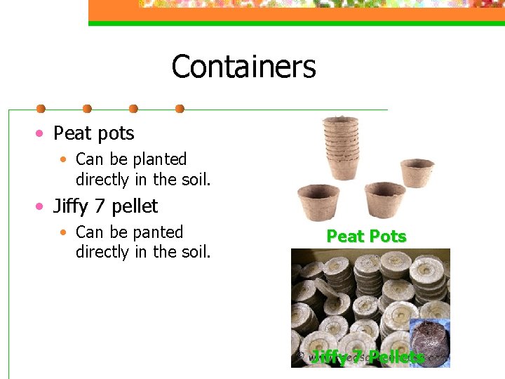 Containers • Peat pots • Can be planted directly in the soil. • Jiffy