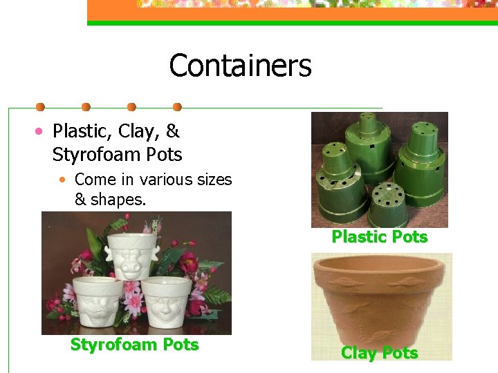 Containers • Plastic, Clay, & Styrofoam Pots • Come in various sizes & shapes.