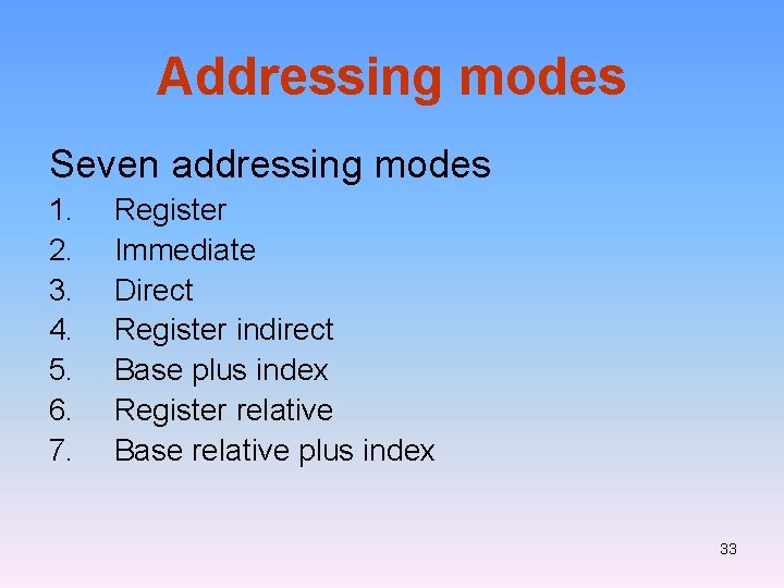 Addressing modes Seven addressing modes 1. 2. 3. 4. 5. 6. 7. Register Immediate